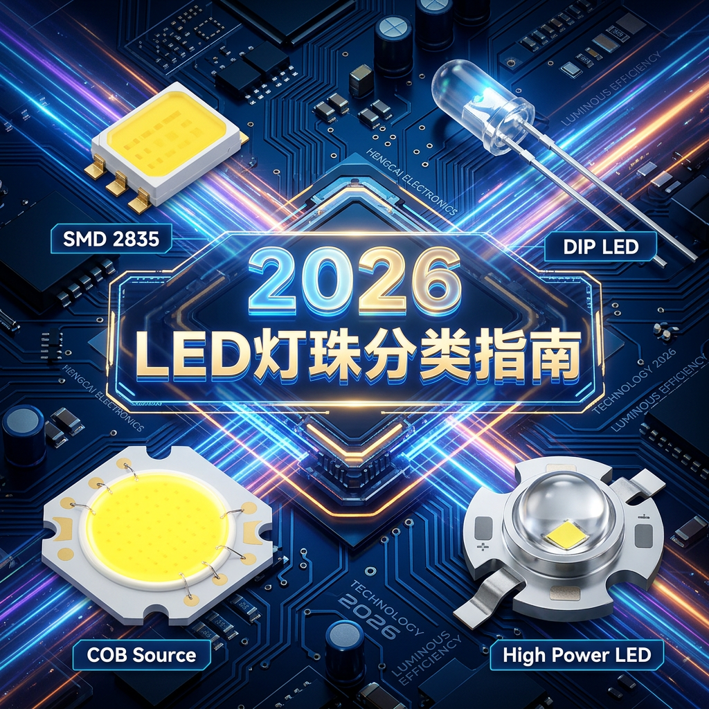 2026 LED灯珠全分类指南封面图,展示SMD、DIP、COB和大功率LED灯珠模型,突显恒彩电子专业性