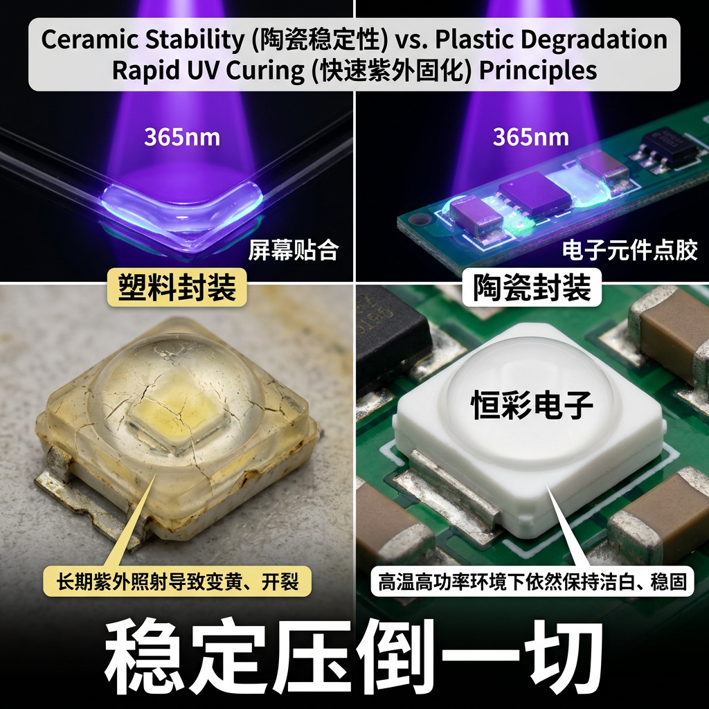 陶瓷与塑料封装3535 LED对比图，展示陶瓷的耐用性和365nm紫外光在工业固化中的高效应用。