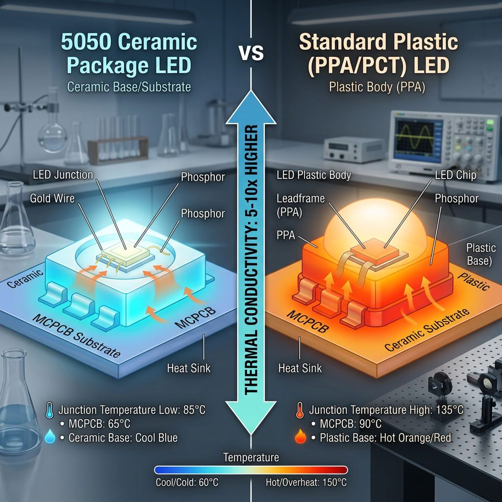 陶瓷封装与普通塑封5050灯珠散热性能对比示意图,突出陶瓷基板5-10倍更高的导热效率和更低的结温