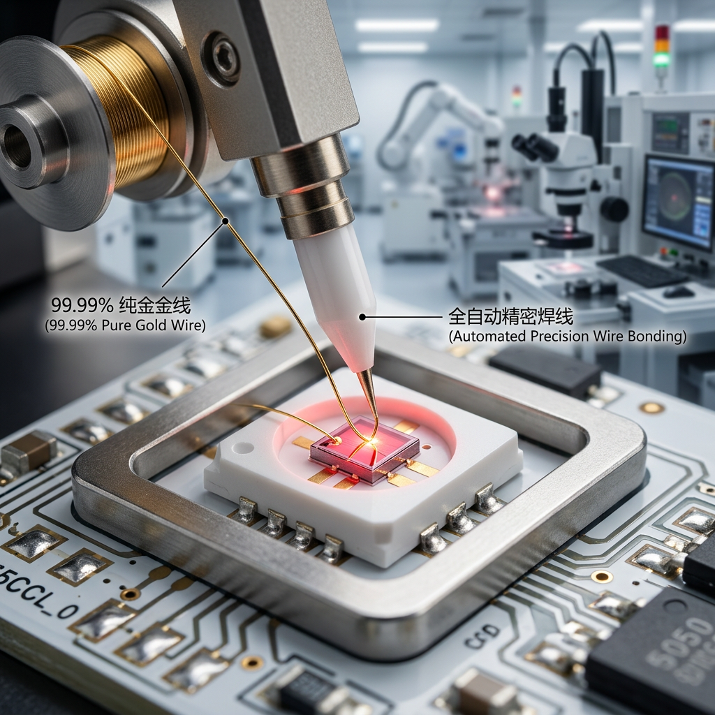 5050陶瓷红光灯珠加工流程中的金线焊接环节，展示自动化设备使用99.99%纯金金线进行精密连接。