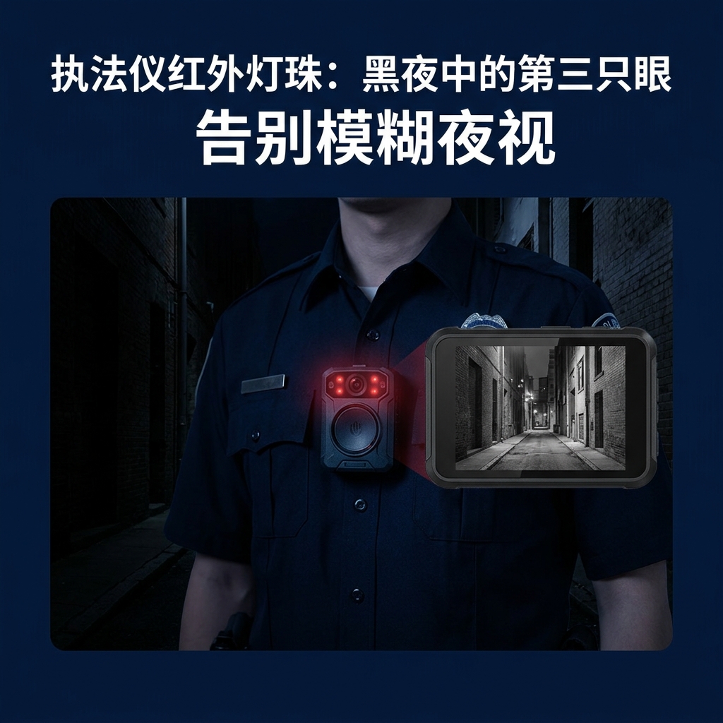 执法人员在夜间小巷巡逻,执法仪红外灯珠提供清晰夜视画面,告别模糊夜视