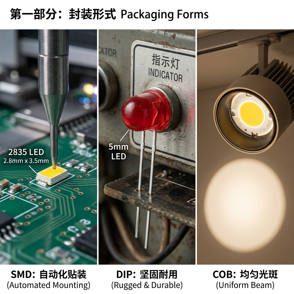 SMD、DIP和COB三种LED灯珠封装形式对比图。左侧展示SMD自动化贴装,中间为DIP坚固耐用特点,右侧是COB光源的均匀光斑效果