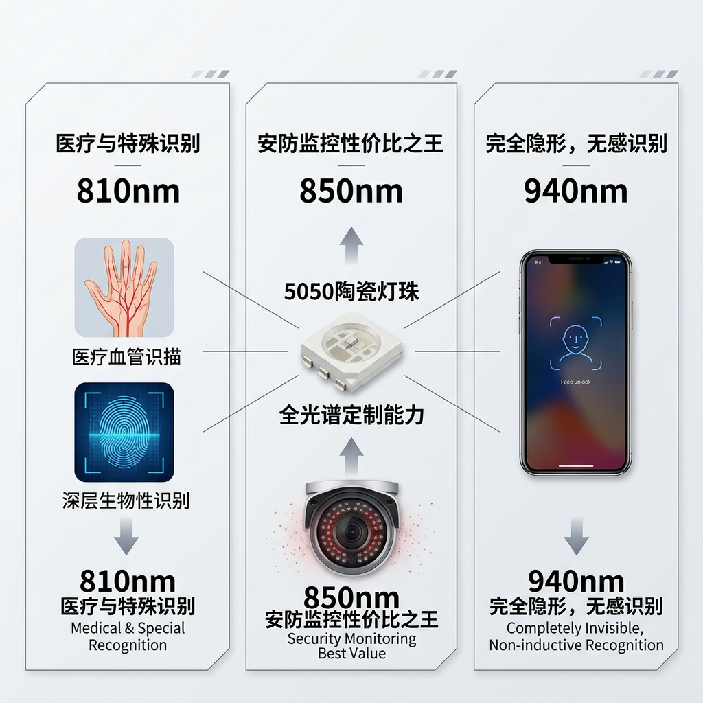 810nm、850nm、940nm红外线波长对比图,展示不同波长在医疗、安防监控和隐形识别中的应用。