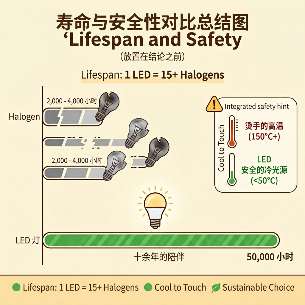 LED与卤素灯寿命及安全性对比图：LED灯泡寿命长达50,000小时，工作温度低，安全节能；卤素灯寿命仅2,000-4,000小时，且发热严重易烫伤。