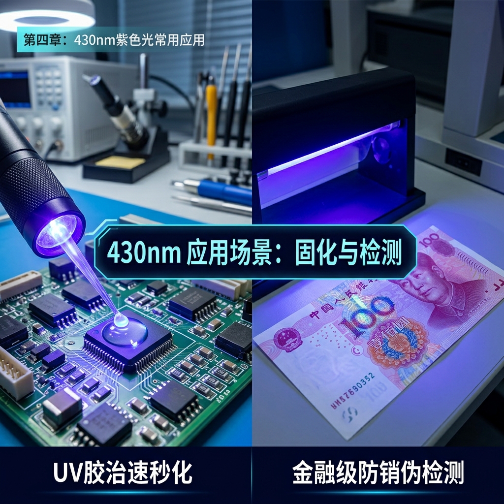 430nm UV紫光LED在UV胶固化与金融级验钞防伪中的应用场景图