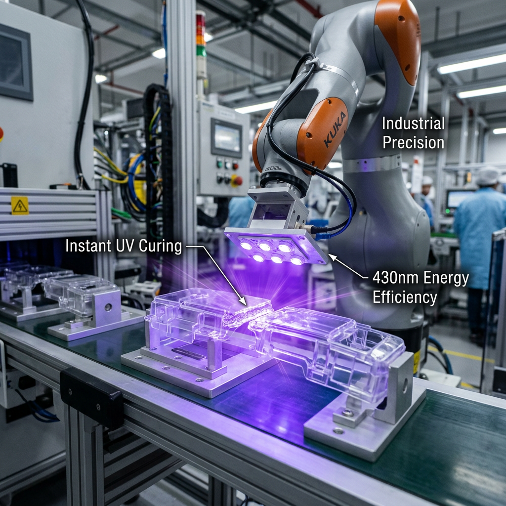 5050陶瓷UV紫光430nm灯珠在工业UV固化生产线上的应用实景，展示其高效、精准的瞬时固化能力。