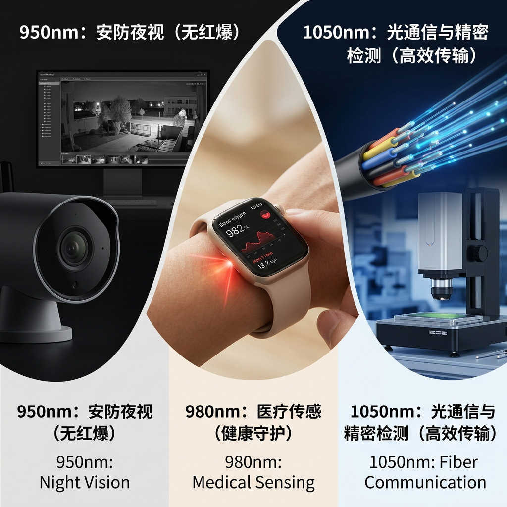 950nm、980nm、1050nm红外LED在安防夜视、医疗传感和光纤通信等三大应用场景的创意展示图