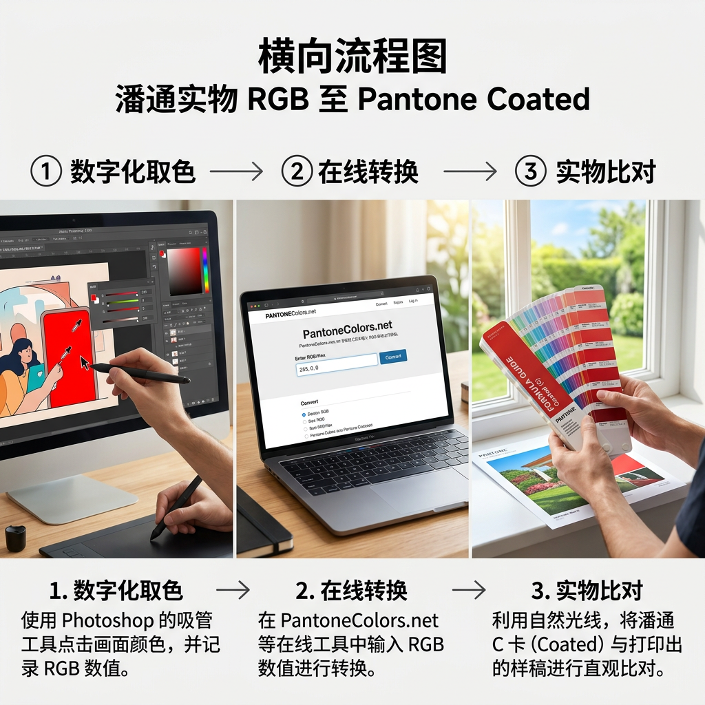 RGB转潘通的三步操作流程图：包括在设计软件中吸取RGB值、使用在线工具转换、以及在自然光下用实体潘通色卡最终确认颜色，指导用户进行精确的色彩转换。