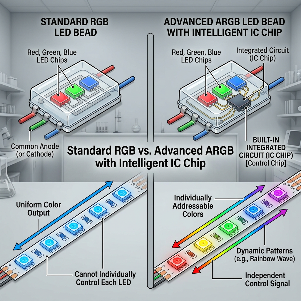 RGB与ARGB灯珠结构对比图：普通RGB仅包含红绿蓝三色芯片，而ARGB灯珠额外内置集成电路芯片（IC），实现独立寻址和更复杂的灯光效果。