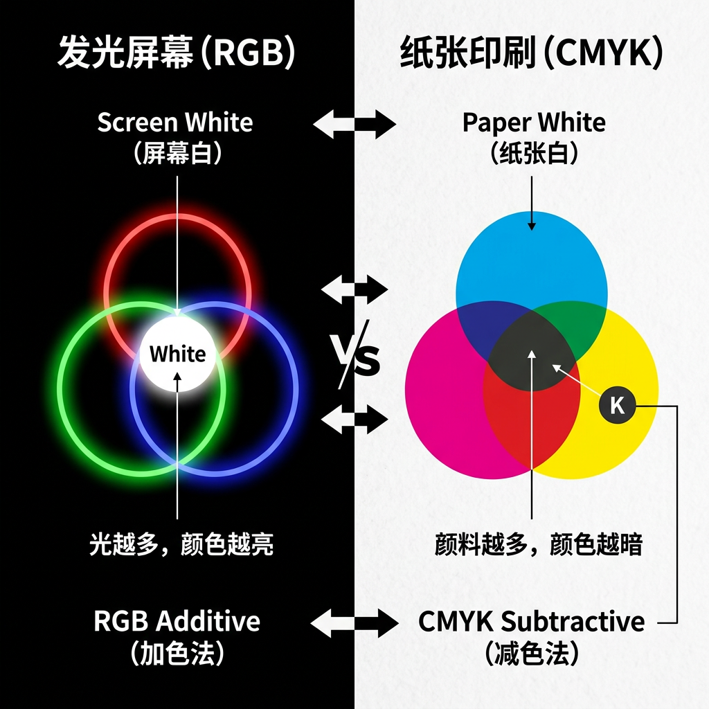 对比图展示RGB屏幕光（加色法，越加越亮）与CMYK印刷墨水（减色法，越加越暗）的区别，解释为何屏幕白与纸张白本质不同