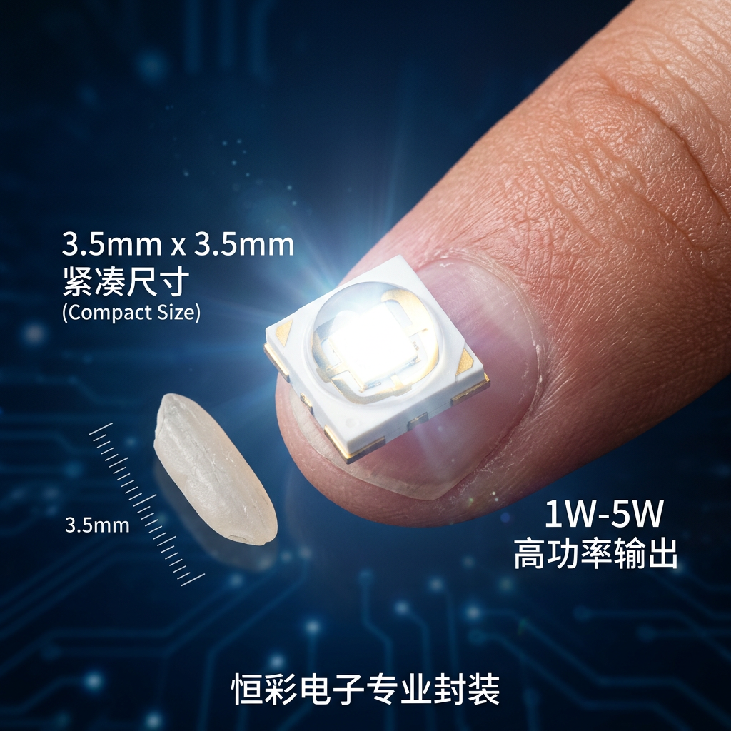 3535大功率LED灯珠宏观特写,展现其3.5mm x 3.5mm的紧凑尺寸与强大的1W-5W高功率输出,旁边有米粒或指尖作对比,彰显恒彩电子的专业封装工艺。