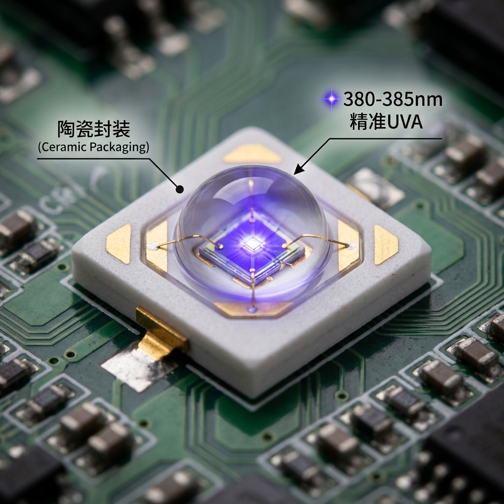 陶瓷380-385nm紫外线LED灯珠微距特写，展示陶瓷封装和380-385nm精准UVA波长，外观精致，透镜清澈透明。