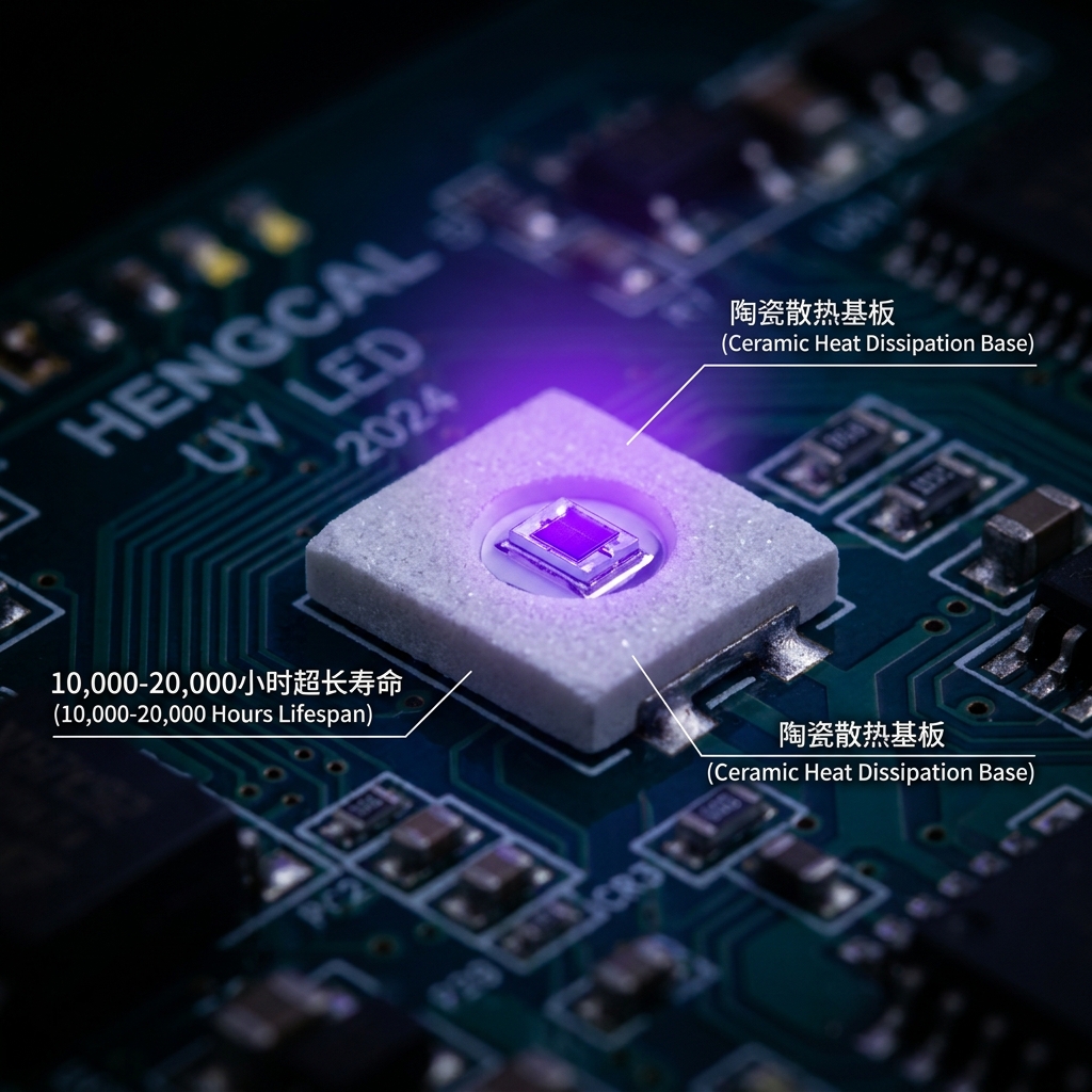 恒彩电子LED陶瓷灯珠特写,展示白色陶瓷散热基板和10000-20000小时超长寿命的UV LED灯珠