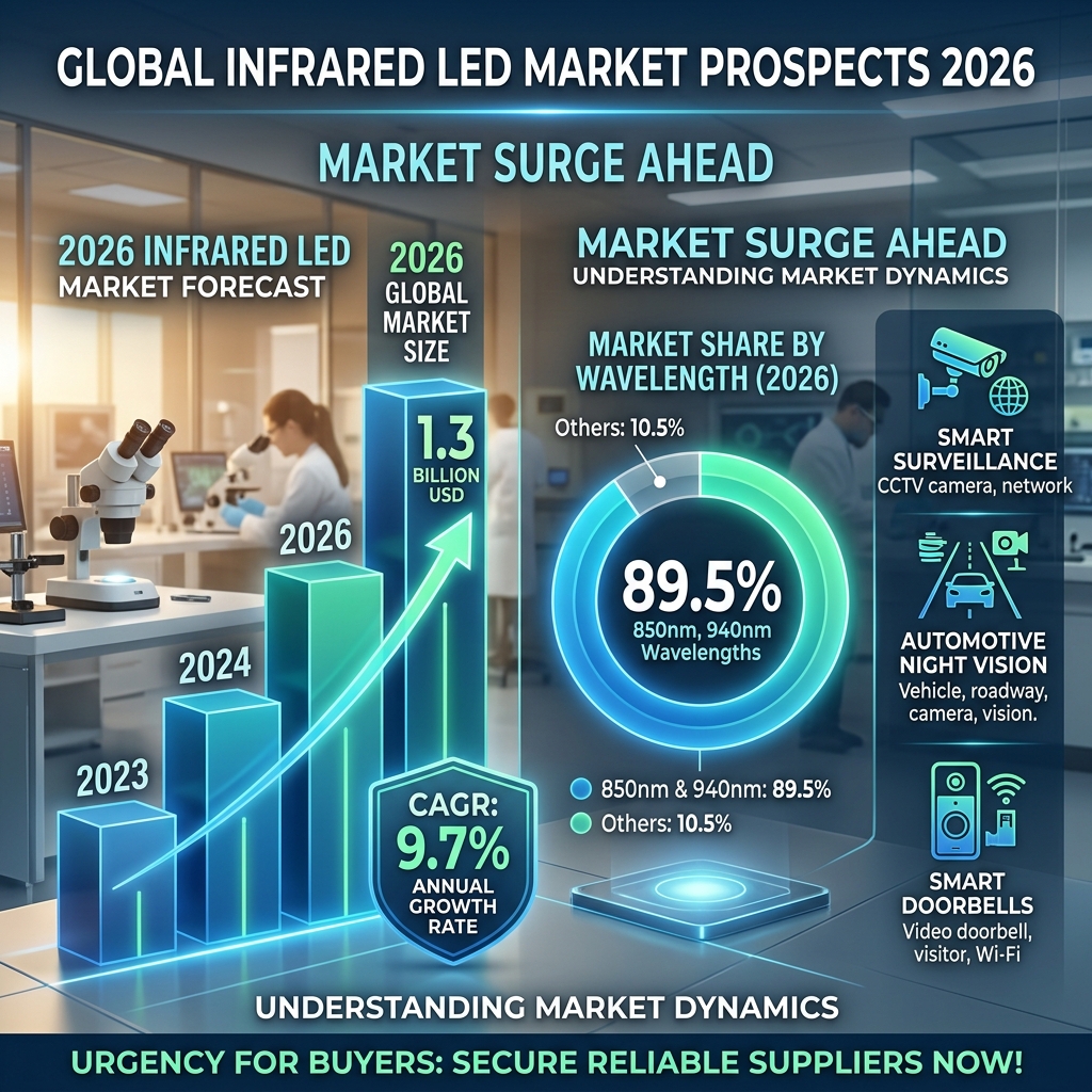 2026年红外LED市场趋势数据图：显示全球市场规模13亿美元，年增长9.7%，850nm和940nm占据89.5%市场份额，并应用于智能监控、汽车夜视等领域。