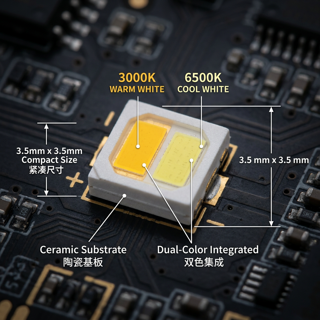 3535陶瓷双色LED灯珠产品特写，展示3.5x3.5mm紧凑尺寸、白色陶瓷基板及暖白正白双色发光区域