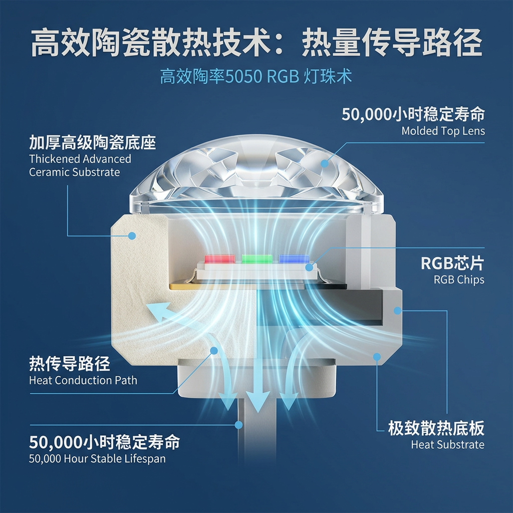 3D剖面示意图，展示了陶瓷5050RGB灯珠的高效散热技术，图中清晰可见加厚的陶瓷底座如何快速将RGB芯片产生的热量传导出去，保障灯珠的超长寿命。