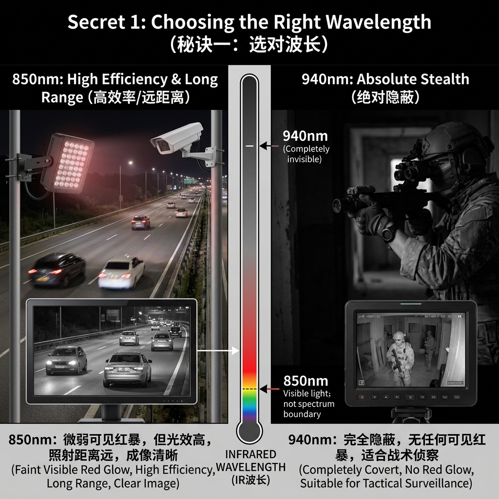 850nm与940nm红外LED灯珠应用场景对比图:左侧850nm高速监控有微弱红暴但照射远且清晰;右侧940nm战术隐蔽监控无红暴,完全隐蔽,画面清晰。