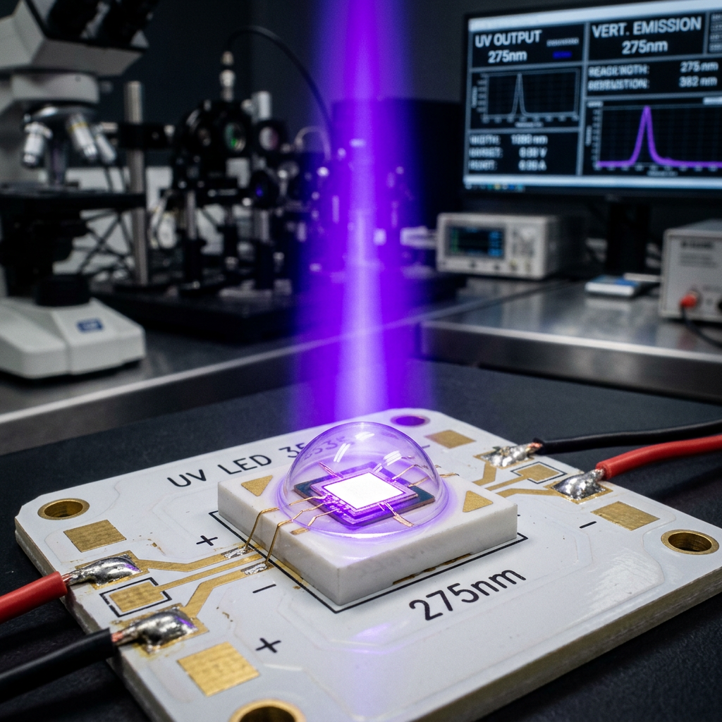 陶瓷3535垂直紫外LED灯珠特写，展示其3.5x3.5mm尺寸、高质感陶瓷外壳和270-280nm深紫色UVC垂直发光。