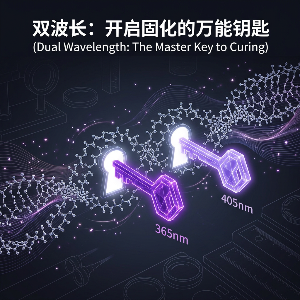 双波长美甲灯工作原理示意图：365nm和405nm两种波长共同作用，作为‘万能钥匙’彻底固化美甲胶