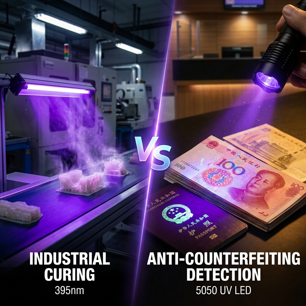 分屏对比图：5050紫光灯珠在工业UV固化树脂和防伪检测钞票中的应用
