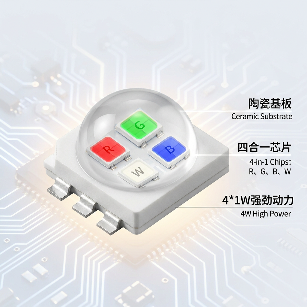 恒彩电子大功率陶瓷RGBW 4*1W灯珠的宏观特写,展示白色陶瓷基板与RGBW四合一芯片
