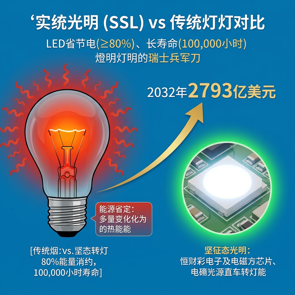 固态照明（SSL）与传统白炽灯的对比图，展示LED高效节能和市场巨大潜力