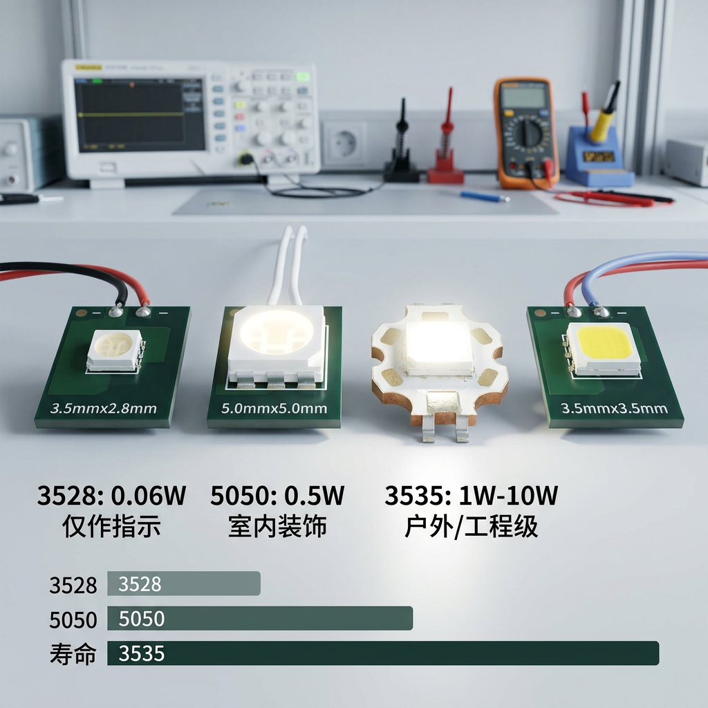 3528、5050与3535大功率LED灯珠横向对比图,清晰展示三者在尺寸、功率、散热能力、发光亮度及适用场景上的显著差异,突显3535在亮度与寿命上的优势。