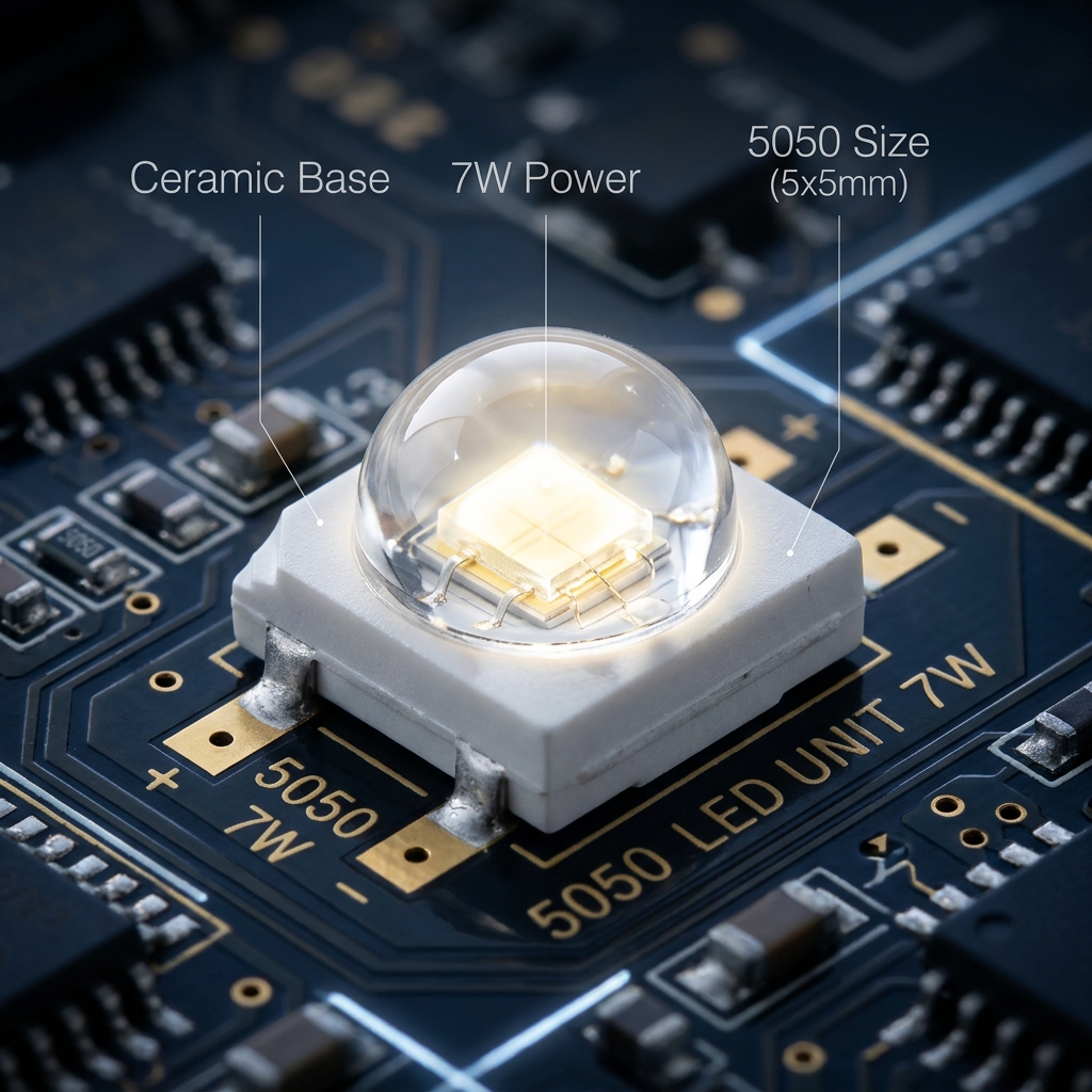7W陶瓷5050球形光面LED灯珠微距特写，展示其陶瓷底座、球形透镜以及5x5mm尺寸与7W功率的技术细节