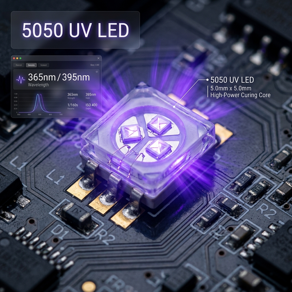 5050 UV LED灯珠的微距特写，展现其5.0x5.0mm尺寸与内部芯片结构，散发淡紫色光芒，背景为工业电路板，并标注365nm/395nm波长及工业级固化核心。
