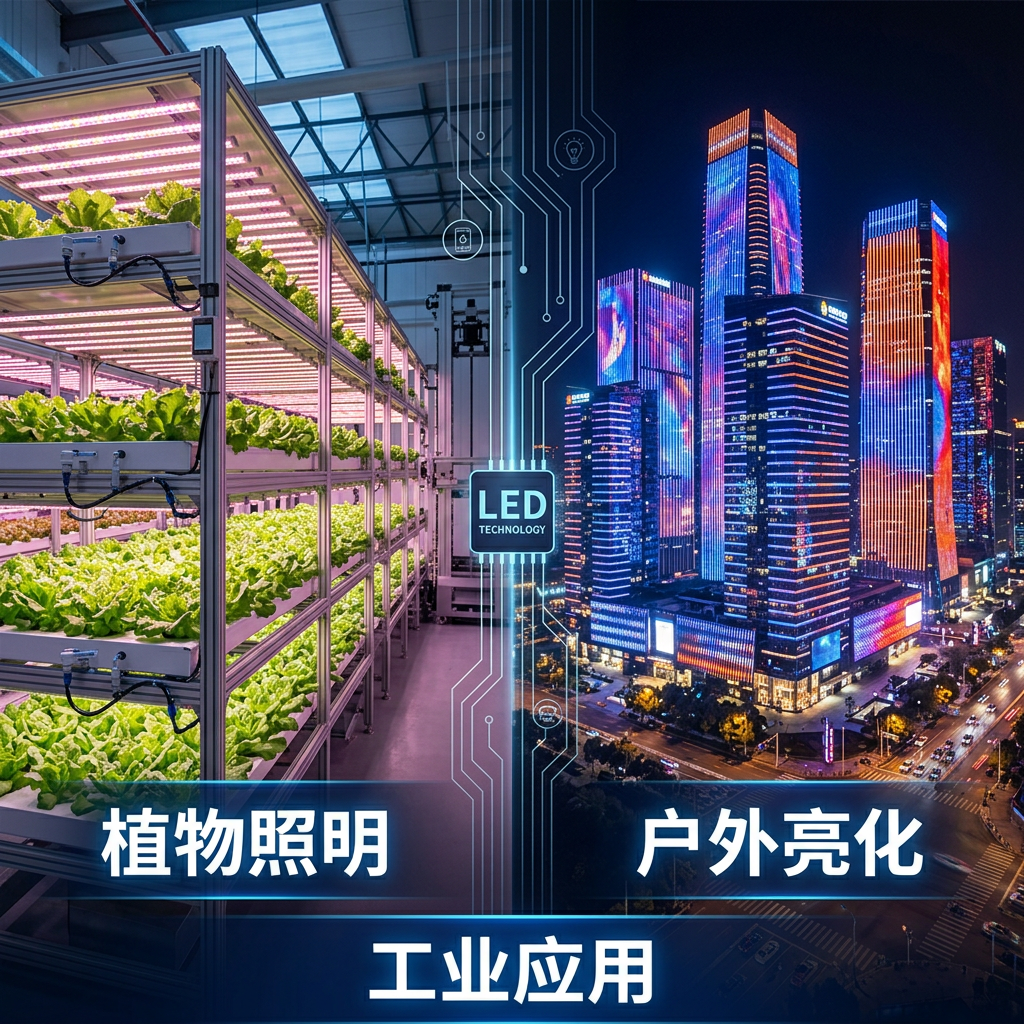 一张商业与工业LED应用的拼接图。左侧展示了室内植物工厂中用于促进植物生长的植物照明，右侧则展示了城市大楼通过户外亮化照明点亮夜景。
