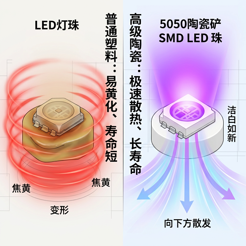 5050陶瓷LED灯珠与塑料LED灯珠散热性能对比图，突显陶瓷基板优越散热和抗老化能力