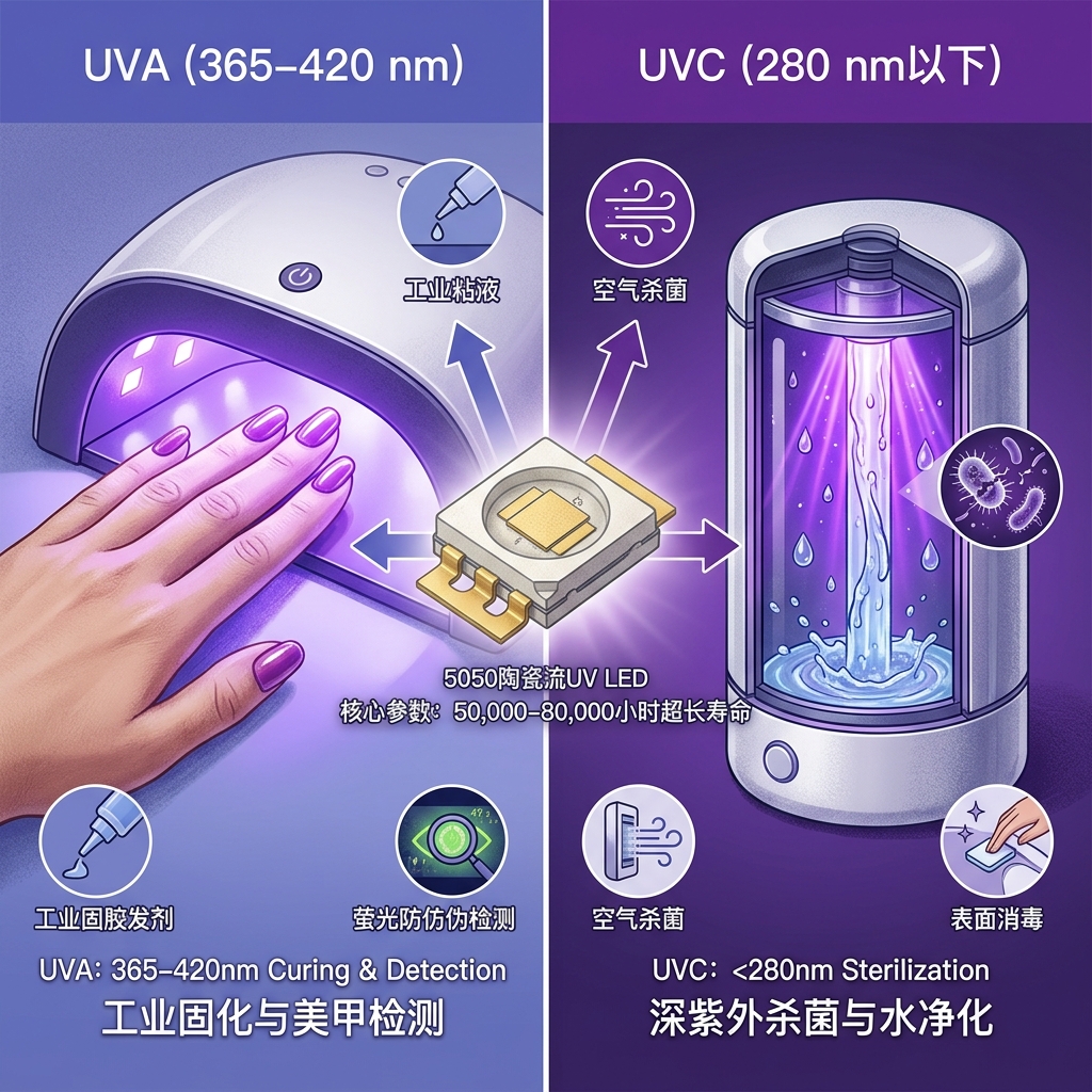 5050陶瓷UVLED不同波段应用对比图，UVA用于工业固化美甲检测，UVC用于深紫外杀菌水净化，并标注5万至8万小时寿命