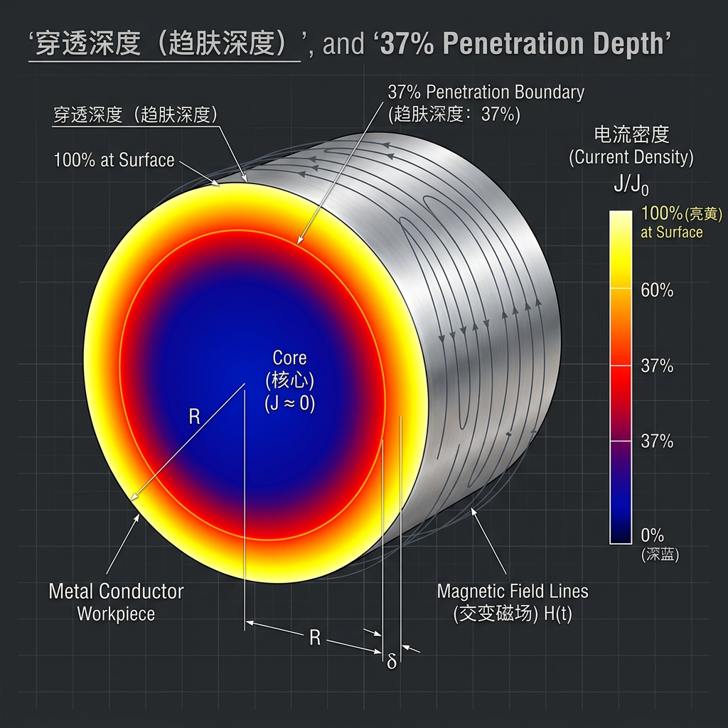 集肤效应与穿透深度原理示意图，展示电流密度从金属表面向内衰减，并标注了37%穿透深度界限。