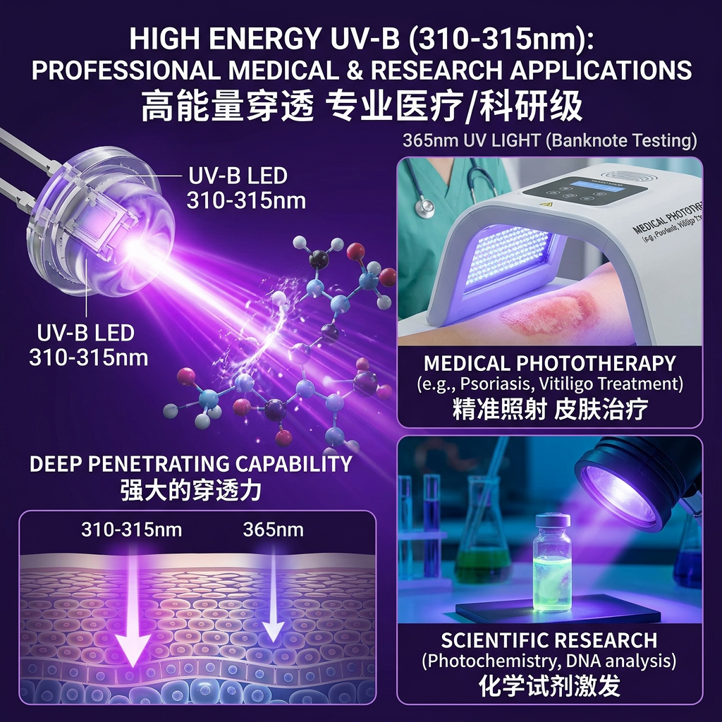 310-315NM UV-B紫光LED灯珠在医疗光疗和科研中的高能量穿透应用