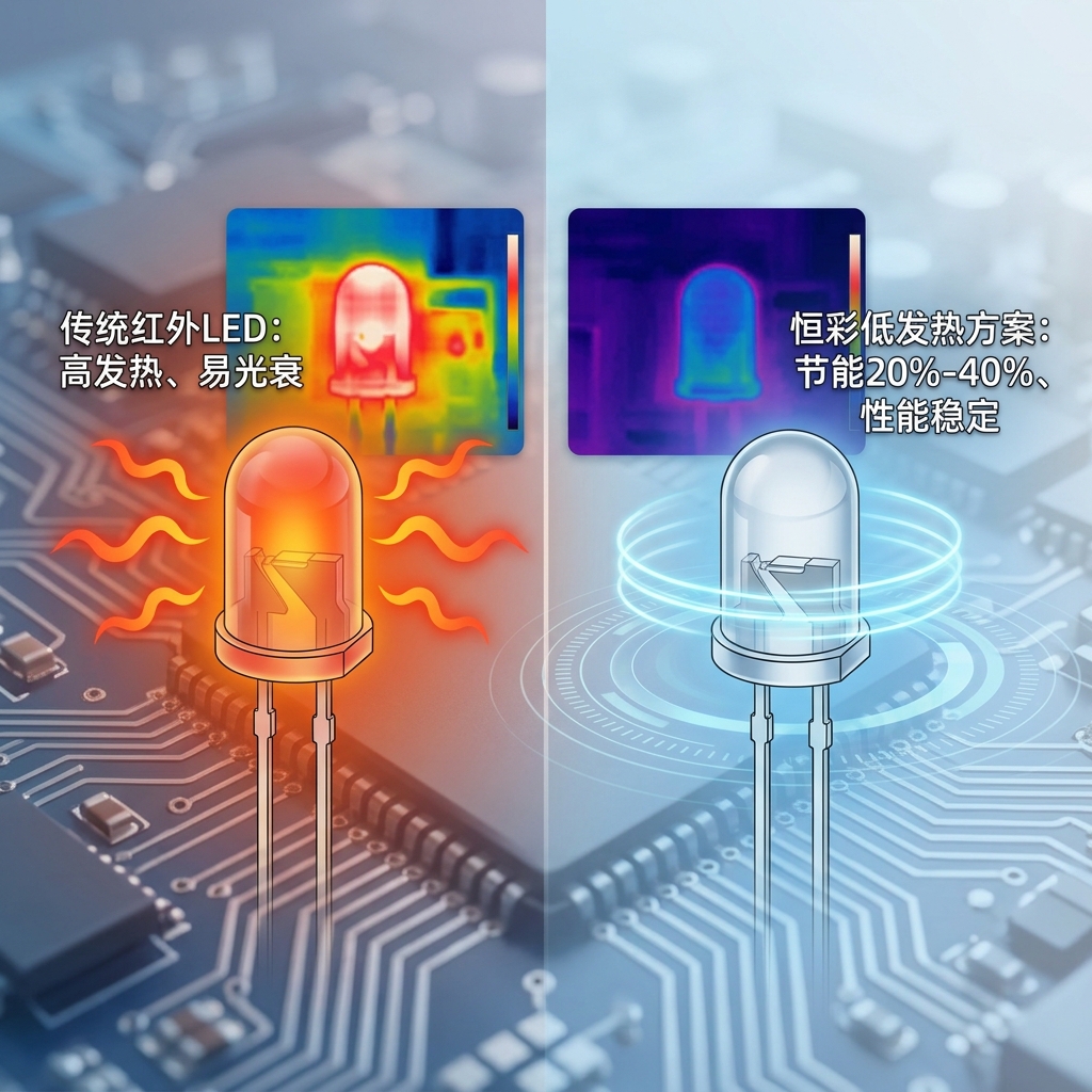 传统高发热LED与恒彩低发热LED灯珠对比示意图