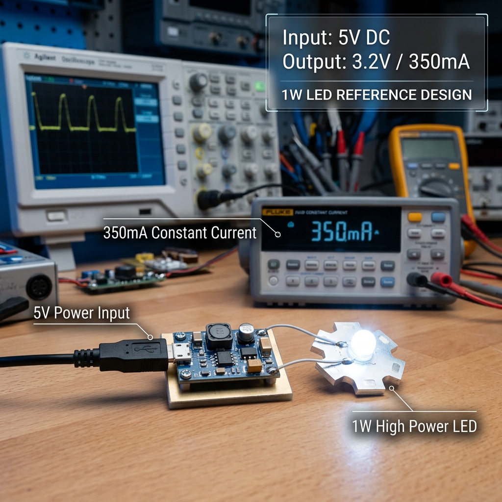 5V供电3V 1W LED驱动参考设计完整实验场景,展示5V输入、350mA恒流输出驱动1W LED的稳定工作