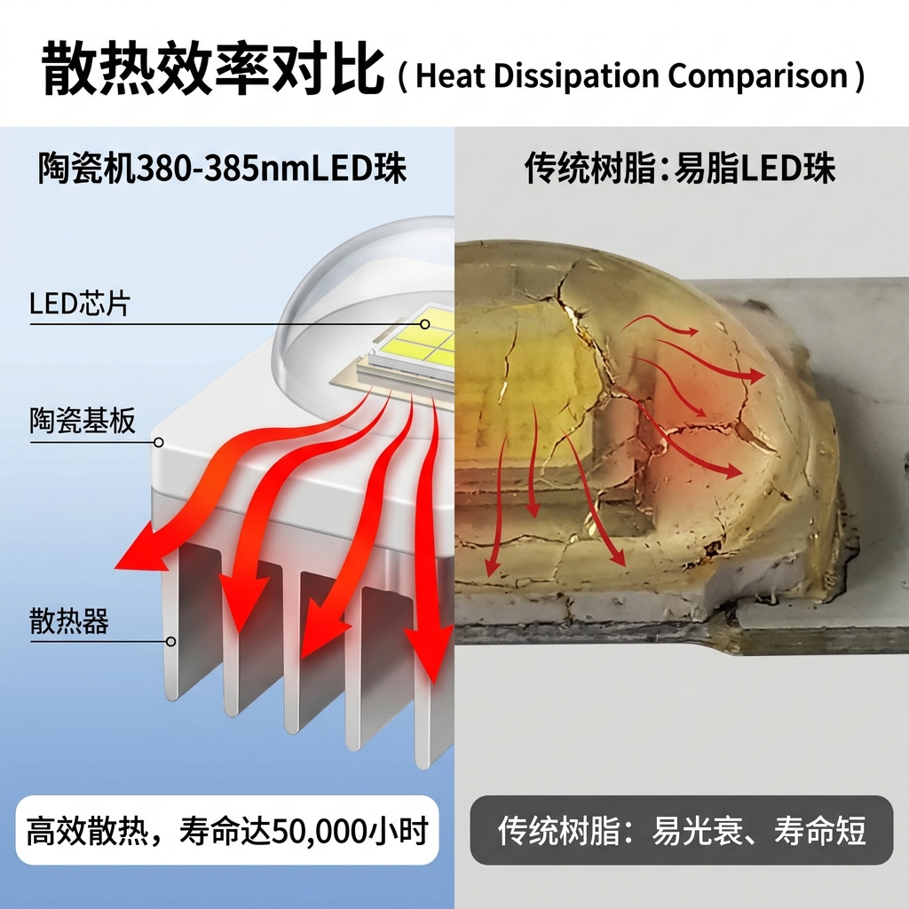 陶瓷封装LED灯珠高效散热与传统树脂封装光衰对比示意图，强调陶瓷封装寿命长达50,000小时的优势。