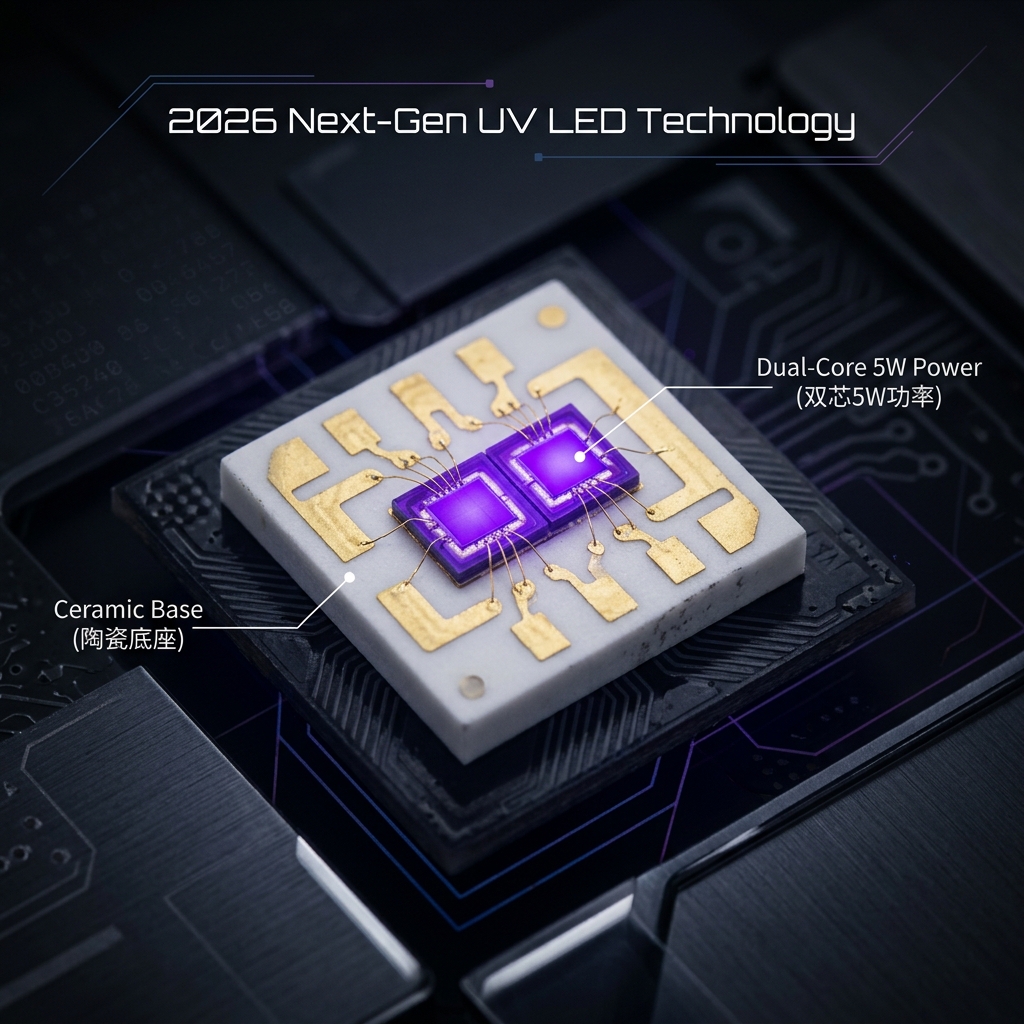 陶瓷XHP5050双芯紫光灯珠5W LED微距特写，展示陶瓷底座与双芯设计，散发神秘紫光