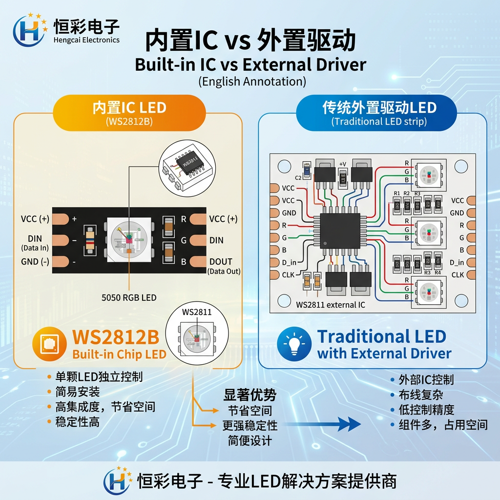 内置芯片灯珠与传统外置驱动灯珠的电路板对比示意图，展示内置IC的简洁与高精度