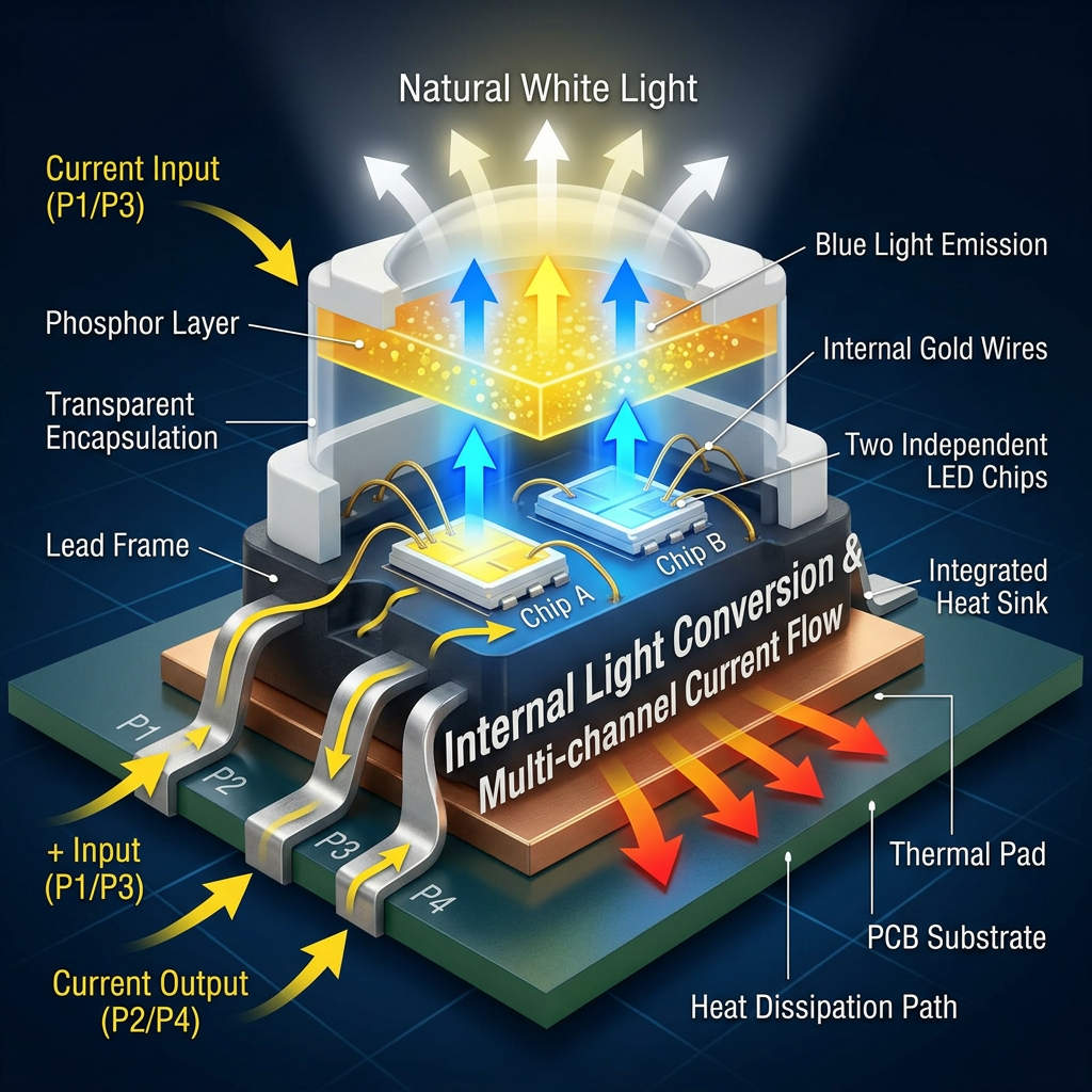 smd3030 4脚灯珠的内部工作原理3D剖面示意图，详细展示了电流通过引脚、芯片发光、荧光粉转换白光及热量有效散出的过程。