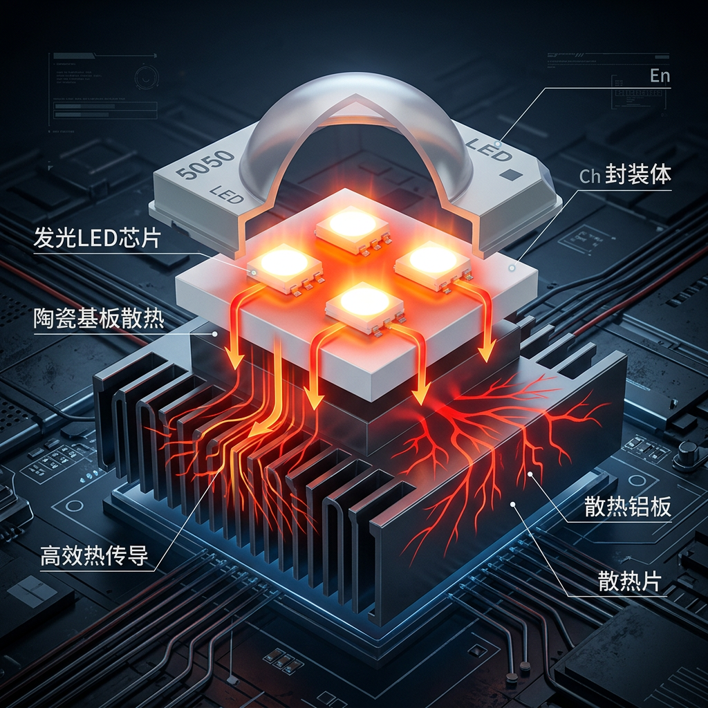 5050大功率LED灯珠3D剖面散热结构图，展示芯片、陶瓷基板与热流传导过程