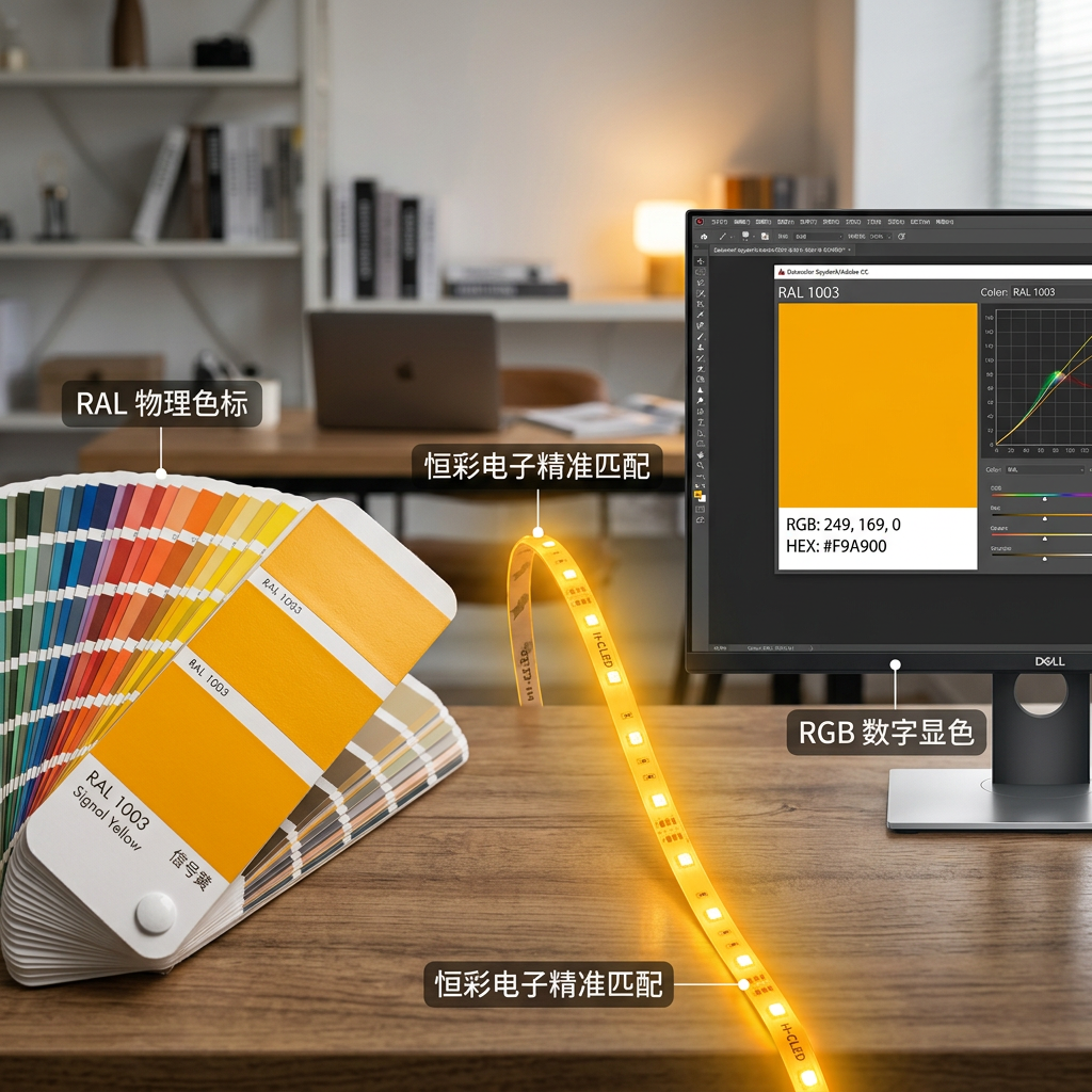 展示RAL K7色卡（RAL 1003信号黄）与设计师屏幕上对应的RGB/HEX数值，以及恒彩电子LED灯带的精准色彩匹配，直观呈现物理色标与数字显色的连接。