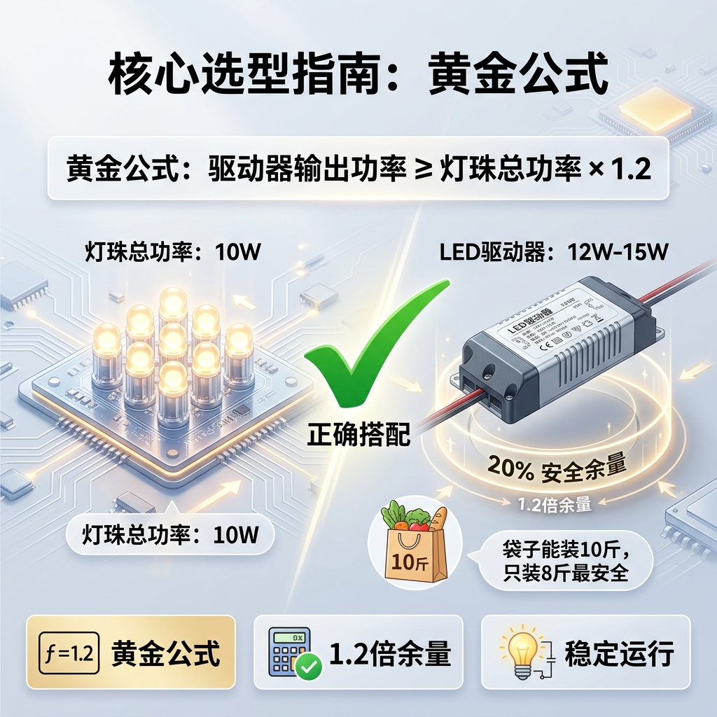 LED驱动选型黄金公式可视化：驱动功率大于灯珠总功率1.2倍并预留20%安全余量，确保稳定运行