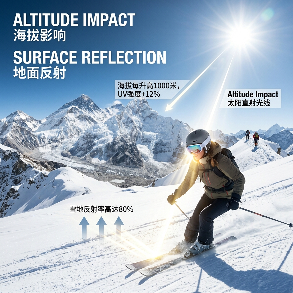 高海拔雪地环境紫外线强度影响图，展示海拔与地面反射的双重危害