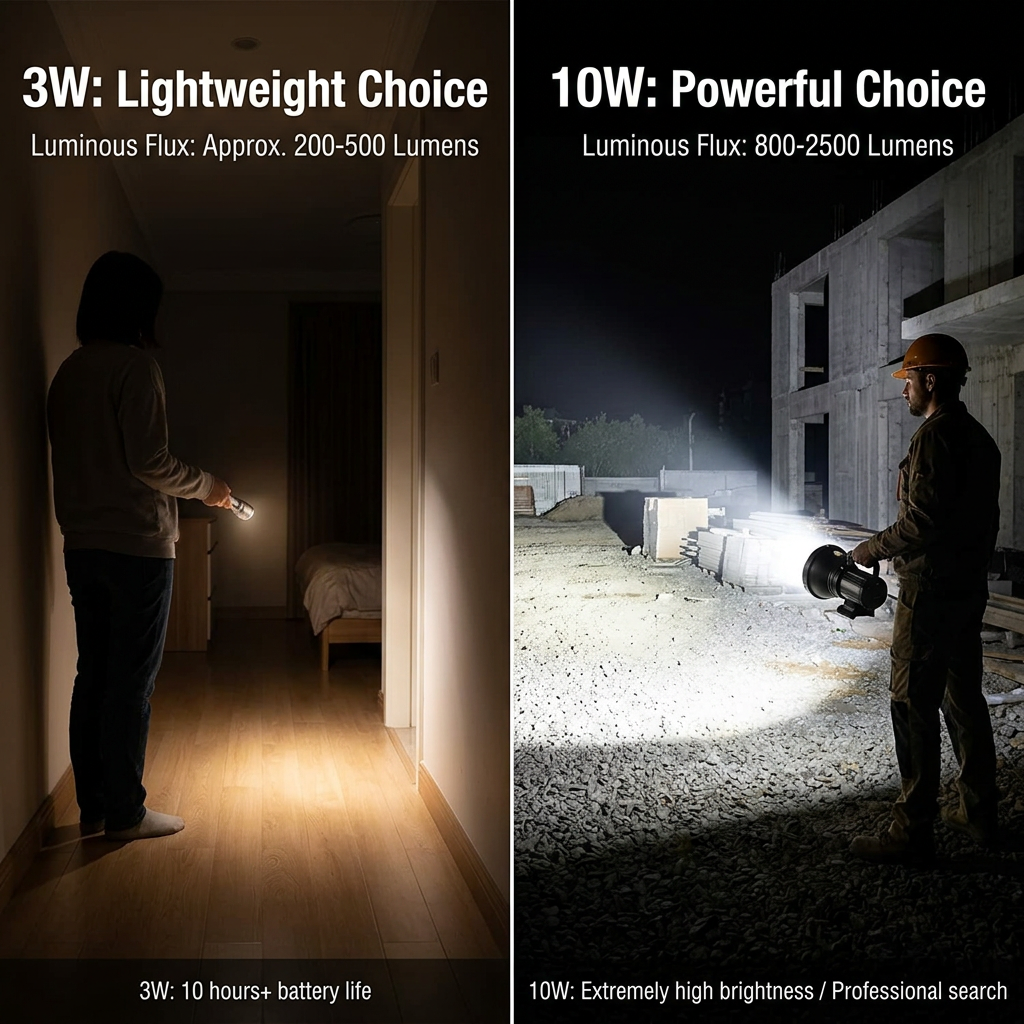 3W手电筒与10W 5050射灯在室内与户外环境的亮度对比,展示小功率轻便照明和高功率专业照明的显著差异。