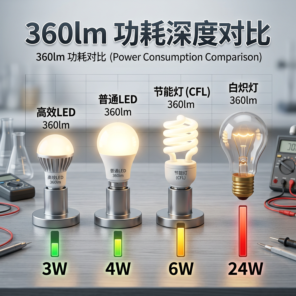 一张详细信息图，对比了高效LED、普通LED、节能灯(CFL)和传统白炽灯在达到360流明亮度时所需的功率，展示了不同光源的能效差异。