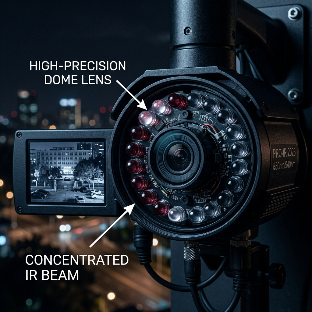 2026年红外球头聚光透镜灯珠在安防监控中的应用，展现高精度透镜和聚焦红外光束带来的清晰夜视效果