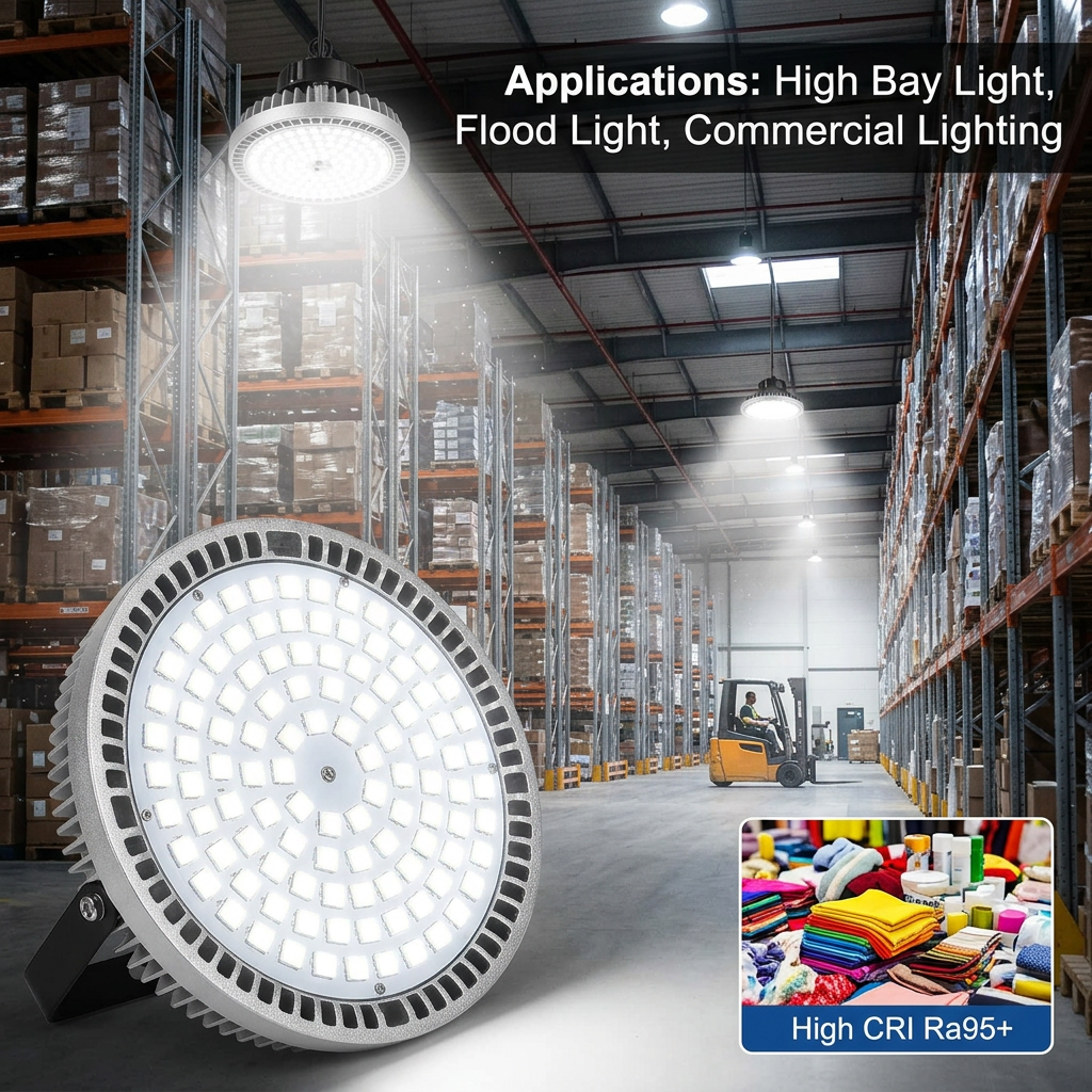 5050大功率陶瓷灯珠在大型工业与商业场景中的应用实景图，展示其作为工矿灯、投光灯和专业商业照明的高显色Ra95+表现。