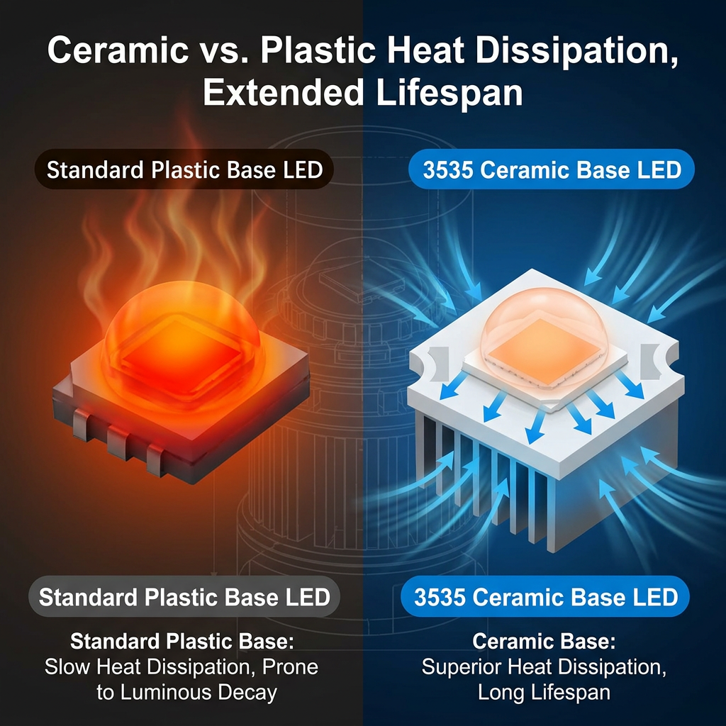 3535陶瓷底座与普通塑料底座散热效果对比图，展示陶瓷的优越散热性能和长寿命优势