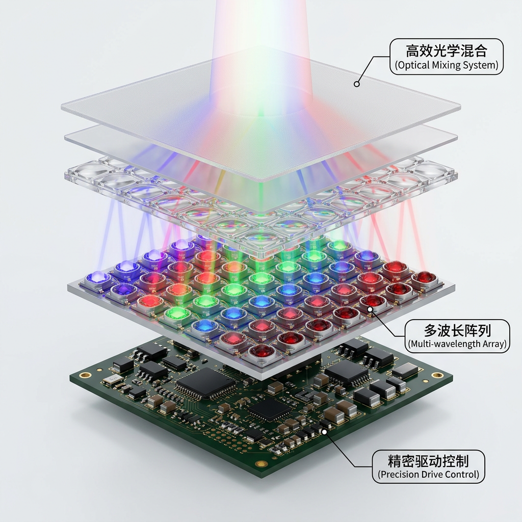 多光谱光源的3D结构解析图：展示了由底层精密驱动电路、中层多波长LED阵列（含UV、RGB、IR芯片）和顶层配光透镜组成的“三明治”结构，阐释了其光线混合的工作原理。